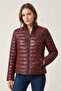 Double-Sided Genuine Leather Women's Inflatable Coat with Burgundy Camouflage Printed Brown Fabric