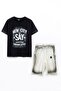 Black Embossed Lettering T-Shirt and Patterned Shorts Boys' 2-Piece Set 23817 - 3