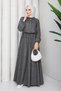 Women's Gray Shirt Detailed Maxi Length Striped Hijab Dress Nbft011 - 3