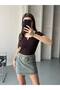Women's Brown V-Neck Short Sleeve Slim Buzzy Metal Detailed Badi Body - 2