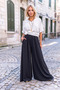 Women's Black Crepe Pants with Pockets, Elastic Waist, Wide Legs 700-3222253