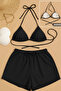 Women's 3-Piece Set with Black Shorts and Side-Tie Bikini Swimsuit Set - 2