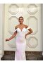 Women's Rope Strap Off-Shoulder V-Neck Tulle Detailed Fully Sequined Fishnet Long Evening Dress - 4