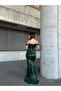 Women's Emerald Green Rope Strap Off-Shoulder V-Neck Tulle Detailed Fully Sequined Fishnet Long Evening Dress - 5