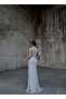 Women's Gray One-Shoulder Glitter Fabric Stone Detailed Gathering Draped Slit Maxi Evening Dress - 2