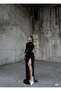 Women's Black One-Shoulder Glitter Fabric Stone Detailed Gathering Draped Slit Maxi Evening Dress - 4