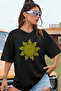 Shining Sun Printed Oversize Short Sleeve Crew Neck Black Women's Tshirt