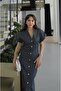 Navy Blue Draped Waist Polka Dot Denim Dress - 4