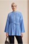 Gold Buttoned Lace-Up Shirt with Pleated Front and Sleeves - Blue - 4
