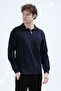 Men's Stand Collar Half Zipper Embroidered Sweatshirt Navy Blue - 26K 6137