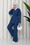 Women's Navy Blue Buttoned Belt Detailed Double Denim Hijab Set Dpft010 - 3