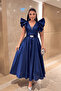 Taffeta Fabric Shoulder Flounce Midi Dress - Dark Blue - 3
