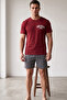 Burgundy Smoked Plaid Patterned Printed Knitted Short Sleeve Shorts Pajama Set 8005 - 2