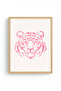 Natural Wood Framed Retro Tiger Painting - Tribal Pink Tones |   Huhu2843 - Single Table Natural Wood Frame - 2