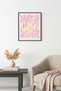 Black Wood Framed Retro Floral Art Print - Pink and Yellow Flower Pattern |   Huhu2799 - Single Table Black Frame