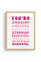 Natural Wood Framed Retro Typography Art Print - Positive Message with Pink Words |   Huhu2437 - Single Table Natural Wood Frame - 2
