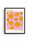 Black Wood Framed Retro Floral Pattern Art Print - Vibrant Yellow Tones |   Huhu2351 - Single Table Black Frame - 2
