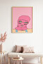 Natural Wood Framed Pink Illustration Patterned Painting - Minimal |   Huhu1844