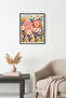 Natural Wood Framed Retro Lion and Flower Pattern Artwork - Pink Tones |   Huhu2611