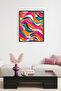 Natural Wood Framed Vibrant Retro Abstract Painting - Pink Blue with Wave Pattern |   Huhu2076
