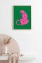 Natural Wood Framed Retro Cat Painting - Pink Leopard Pattern |   Huhu2379
