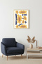 Natural Wood Framed Retro Floral Art Print - Mustard Yellow and Navy Blue |   Huhu2544 - Single Table Natural Wood Frame