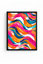 Natural Wood Framed Vibrant Retro Abstract Painting - Pink Blue with Wave Pattern |   Huhu2076 - 2