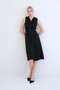 Black Buttoned Linen Woven Dress with Ruffle Detail on the Front and Belt Alc-X15330 - 2