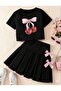 Girls' Bow-Detached Skirt and Printed T-Shirt Set