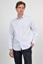 White-Blue Hard Collar Long Sleeve Pocketless Slim Fit Cotton Shirt 1004260210 - 3