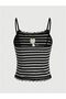 Black and Gray Striped Black Cat Detailed Lace Collar Bow Strap Blouse - 2