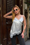 Women's Ecru Asymmetrical Cut Lace Detailed Strappy Satin Blouse - 3