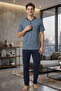 New Season Men's Indigo Crew Neck Jacquard Design Short Sleeve Oversize (Oversized) Pajama Set - 5