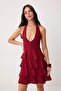 Bordo Kat Kat Fırfır Detaylı Kısa / Mini Dokuma Elbise TWOSS26EL00446