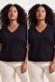 تي شيرت أسود مكون من قطعتين بياقة على شكل حرف V 100% محبوك مقاس كبير TBBSS22TS0705