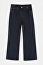 Koyu Mavi Lastikli Bel Gül Kemerli %100 Pamuk Non-stretch Wide Leg/Geniş Paça Jeans TBBSS26CJ00042 - 3