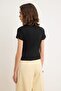Black Regular Fit Stand Collar Short Sleeve Gathered Knitwear Look Knitted Blouse Twoss26Bz00236 - 4