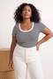 Navy Blue-White Striped Pool Collar Fitted/Fitted Plus Size T-Shirt Tbbss26Bf00038