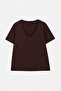 Siyah-Beyaz- Kahverengi 3'lü Paket Regular Fit V Yaka Büyük Beden T-shirt TBBSS26BF00031 - 16