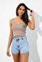 Embroidered Women's Strap Crop Tank Top Mink - 2