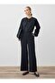 High Waist Gold Buttoned Wide Leg Trousers - Black -