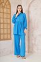 Women's Blue Gofre Balloon Sleeve Ruched Tunic / Elastic Waist Pocketed Pants Hijab Set 700-3531396 - 2