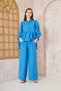Women's Blue Gofre Balloon Sleeve Ruched Tunic / Elastic Waist Pocketed Pants Hijab Set 700-3531396 - 5