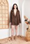 Women's Stamp Brown Pocket Belted Jacket Collar Unlined Short Oversize Winter Cardigan Coat3296300