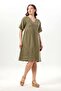 Short Sleeve V-Neck Alize Embroidered Midi Length Muslin Summer Dress Khaki Hk - 5