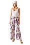 Women's Purple Patterned Linen Palazzo Wide Leg High Waist Summer Trousers - 5