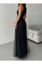 Women's Strappy Crew Neck Asymmetrical Hem Tulle Detailed Long Imported Crepe Dress - 5
