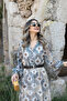 Cream Mixed Pattern Belted Glitter Chiffon Dress - 4