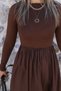 Coffee Boat Neck Flared Skirt Dress - 4