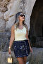 Navy Blue Embroidered Shorts Skirt - 4